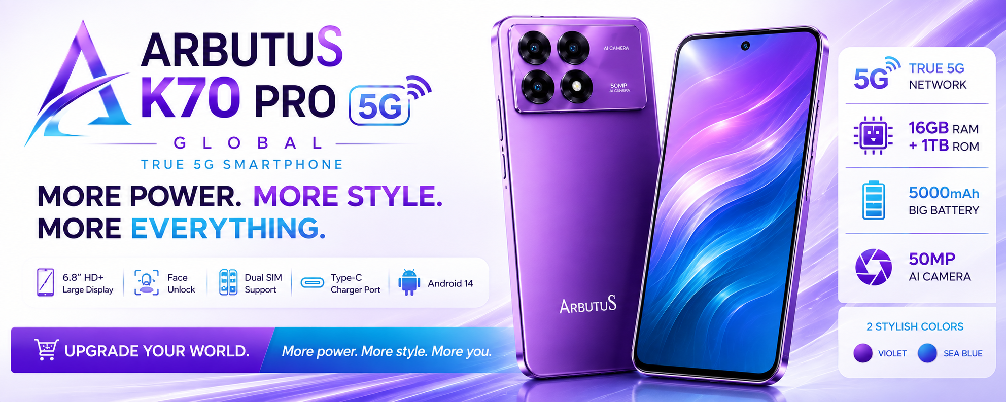 ARBUTUS K70 Pro Global True 5G smartphone in Violet and Sea Blue — 50MP AI camera, 16GB RAM + 1TB ROM, 5000mAh battery, 6.8-inch HD+ display